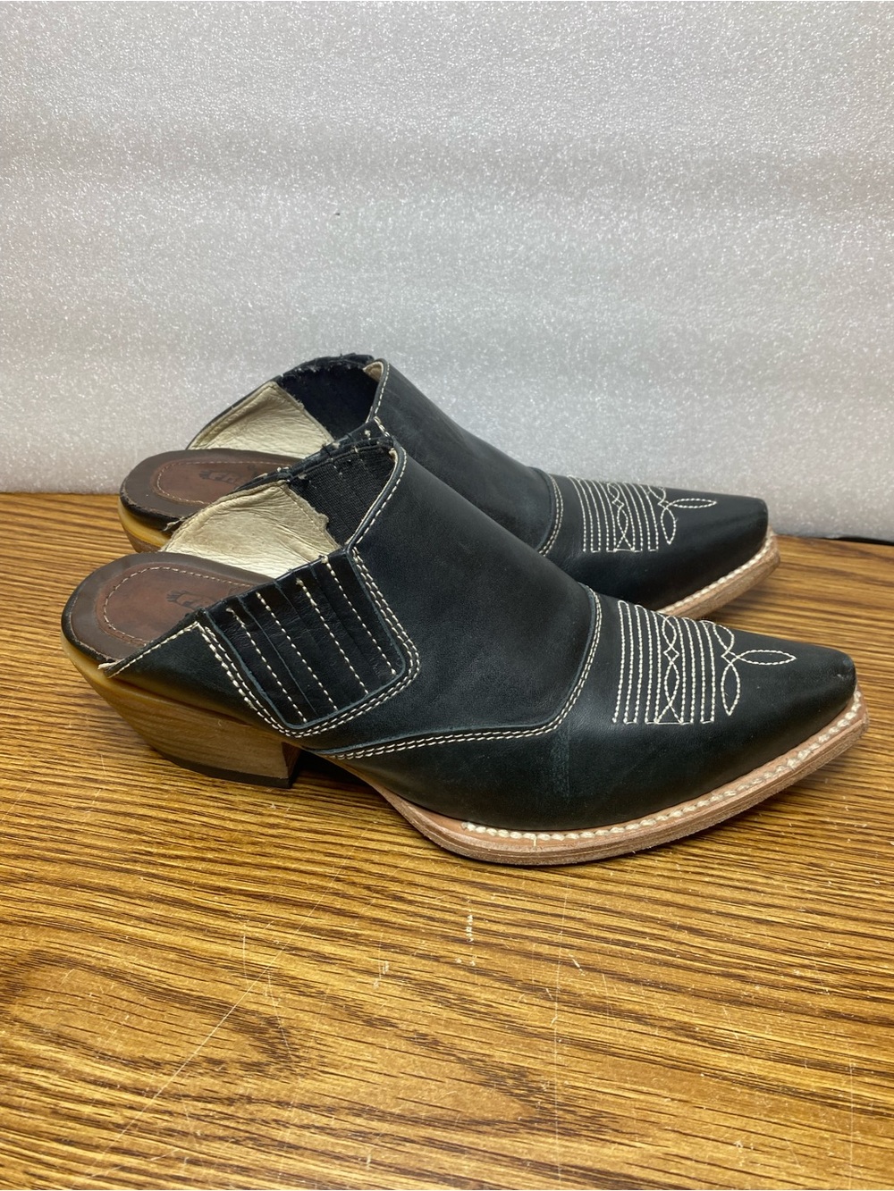 freebird Black Leather Western Mule Booties with White Stitching